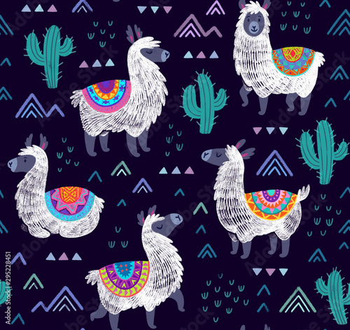 Endless llamas alpacas background. Seamless pattern with llamas, cactuses and decorative mountains.