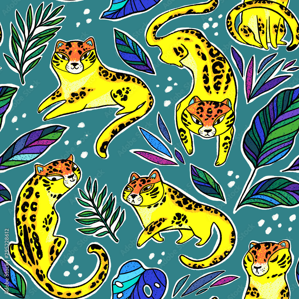 Obraz premium Seamless pattern with cute leopards on the green background. Trendy style