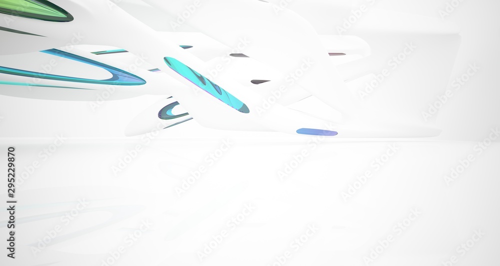 Abstract architectural white and glass gradient color smooth interior of a minimalist house with large windows.. 3D illustration and rendering. Abstract architectural white and glass gradient color smooth interior of a minimalist house with large windows.. 3D illustration and rendering.