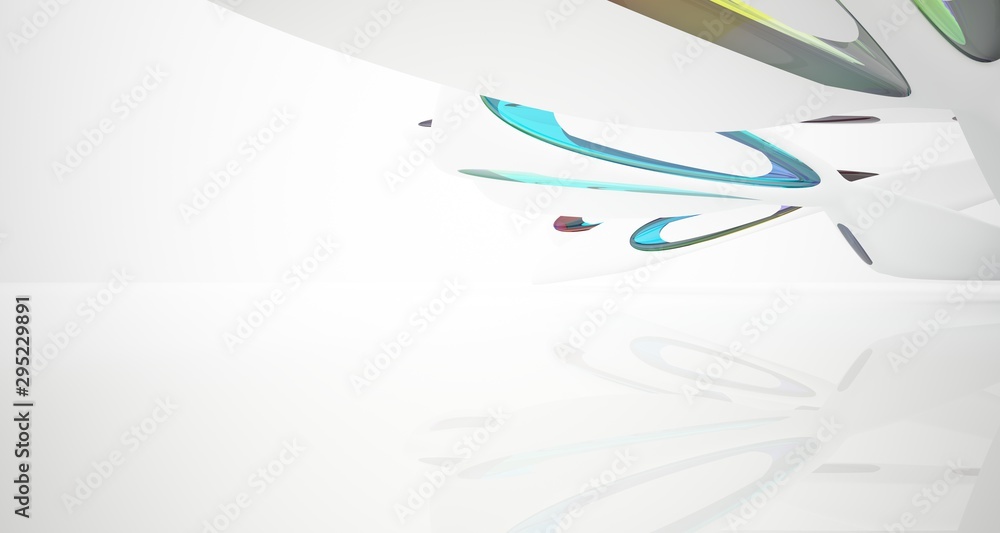 Obraz premium Abstract architectural white and glass gradient color smooth interior of a minimalist house with large windows.. 3D illustration and rendering.