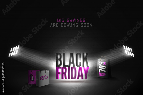 Black friday 70 percent sale vector banner template. Limelight rays illuminating 3d shopping bags with annual mega discounts advert. Stylish seasonal sale, shopping event poster design