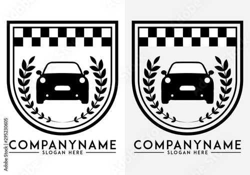Car logo racing emblem with shield, laurel wreath, and checkered flag design