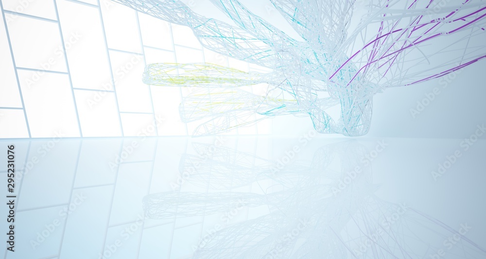 Abstract architectural white and glass gradient color smooth wire interior of a minimalist house with large windows.. 3D illustration and rendering.