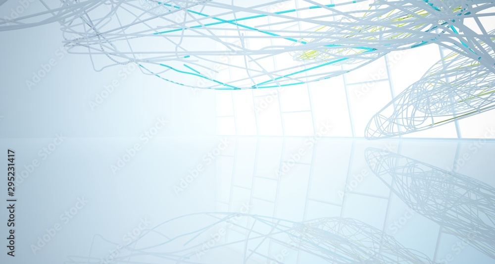 Abstract architectural white and glass gradient color smooth wire interior of a minimalist house with large windows.. 3D illustration and rendering. Abstract architectural white and glass gradient color smooth wire interior of a minimalist house with large windows.. 3D illustration and rendering.