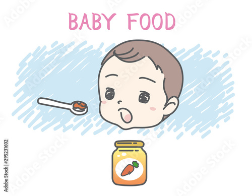 Baby eating baby food. Vector illustration.