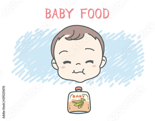 Baby eating baby food. Vector illustration.