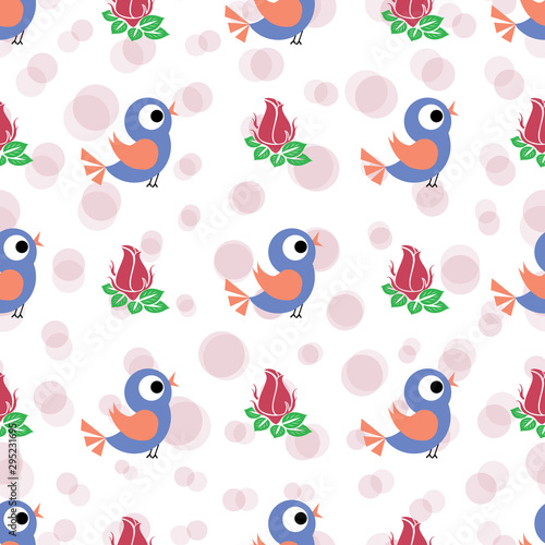 Vector lovely birds and beautiful roses seamless