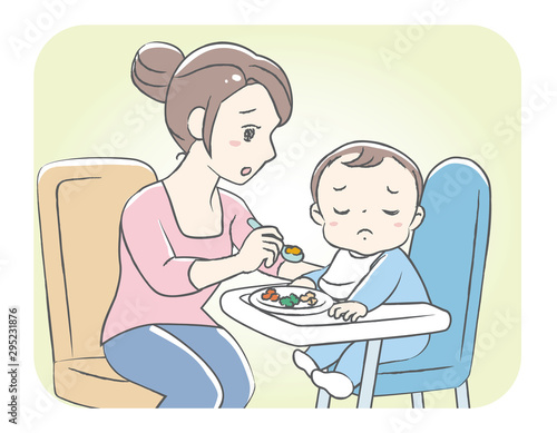 Mother is feeding her baby. Vector illustration.