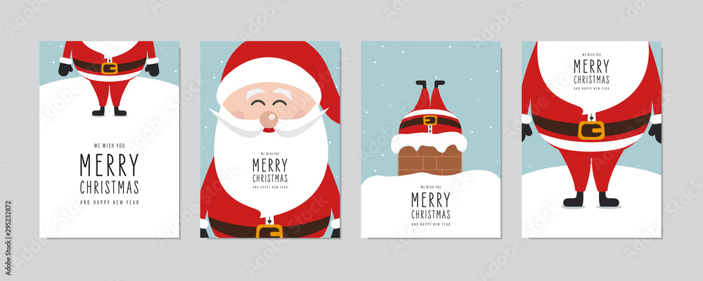 Christmas card set. Merry Christmas and Happy New Year greeting with cute santa claus lettering vector. - obrazy, fototapety, plakaty 