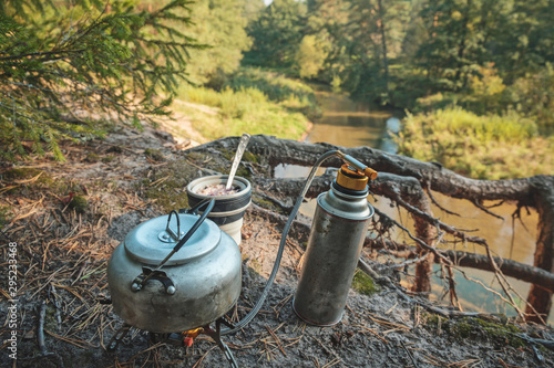 Coffee prepared with the gas burner in the forest.
