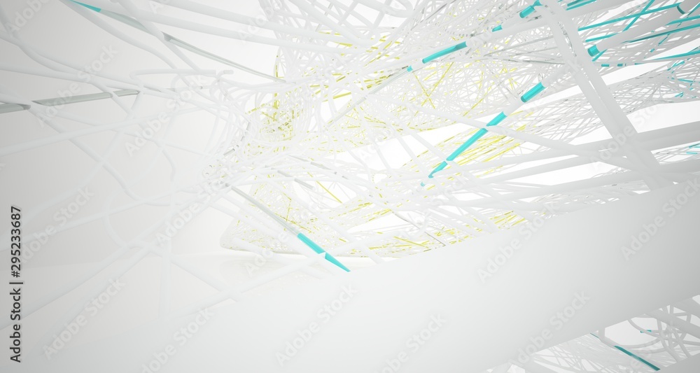 Fototapeta premium Abstract architectural white and glass gradient color smooth wire interior of a minimalist house with large windows.. 3D illustration and rendering.