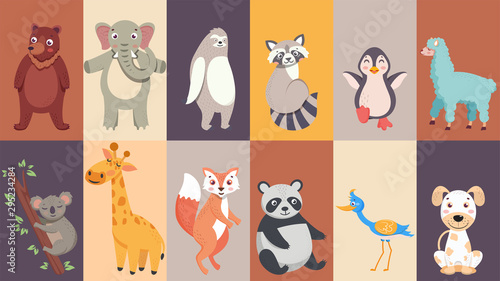 Set of different animal characters on colorful background. photo