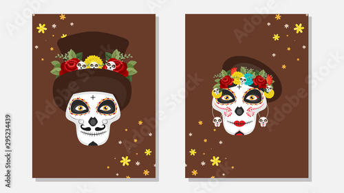 Illustration of sugar skull or calaveras and catrina skull on brown background decorated with flowers in two option.