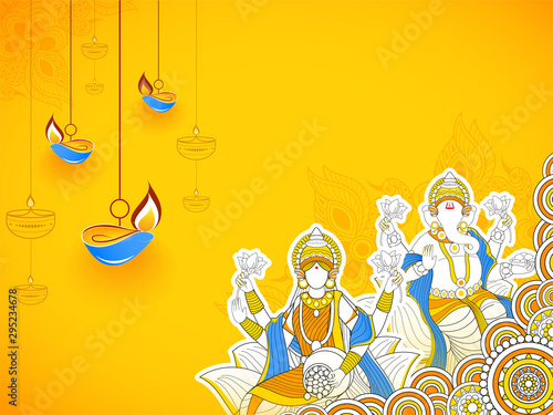 Line art style illustration of Goddess Lakshmi and Lord Ganesha on floral pattern background decorated with hanging illuminated oil lamps (Diya).