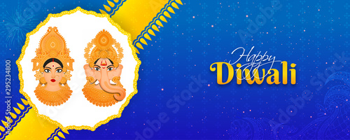 Goddess Lakshmi and Lord Ganesha on yellow and blue lighting effect background for Happy Diwali celebration. Header or banner design.