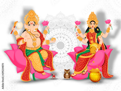 Goddess Lakshmi and Lord Ganesha on lotus flower, rat with owl on mandala pattern background.