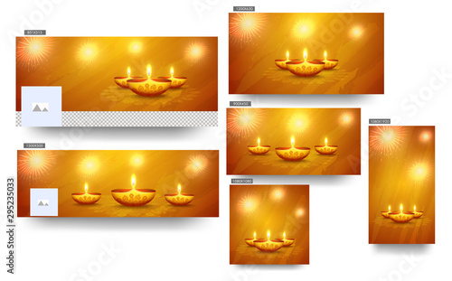 Social media header, poster and template design with illuminated oil lamp (Diya) on brown fireworks background for Festival Of Lights celebration.