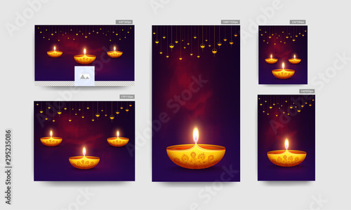 Advertising poster and template design with illuminated oil lamp (Diya) on purple smoke effect background for Festival Of Lights celebration.