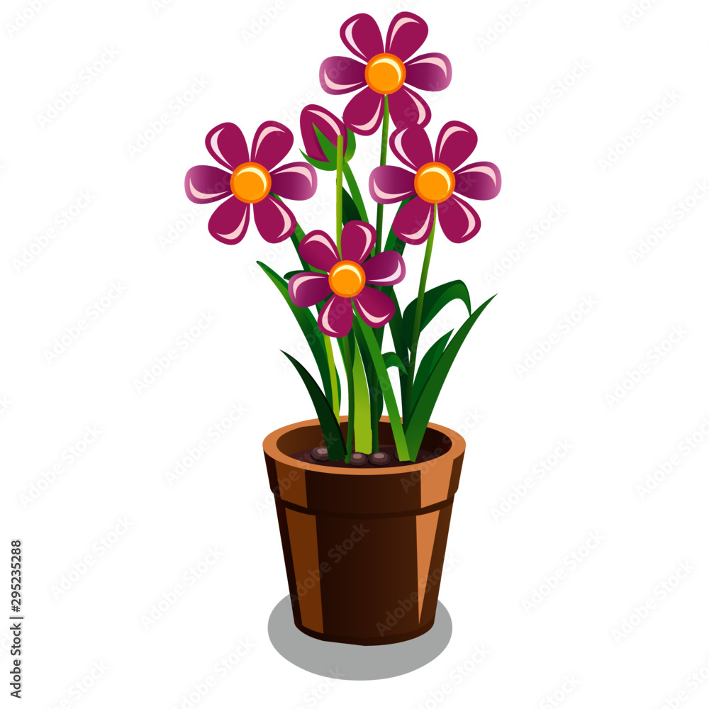 Pot with Plant and Purple Flowers - Cartoon Vector Image