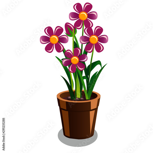 Pot with Plant and Purple Flowers - Cartoon Vector Image