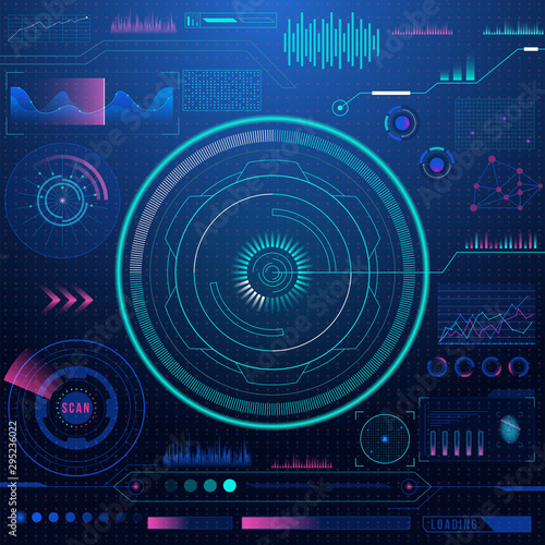 Sci-fi futuristic hud dashboard display virtual reality technology screen background.