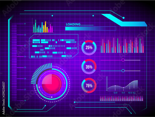 Abstract technology ui futuristic concept hud interface hologram elements of digital data chart and circle percent vitality innovation on purple background.