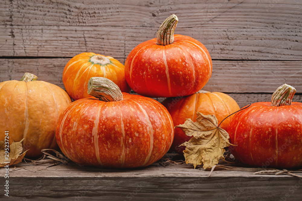 Ripe round yellow and orange pumpkins and dry maple leaves on wooden surface. Green living, studio shot. Ripe round yellow and orange pumpkins and dry maple leaves on wooden surface. Green living, studio shot.