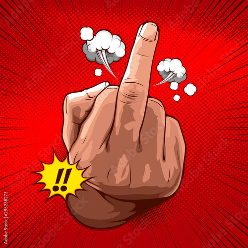 hand showing fuck you with the middle finger, vector illustration rude gesture on red background for comic book cover template, flyer brochure speech bubbles, doodle art.