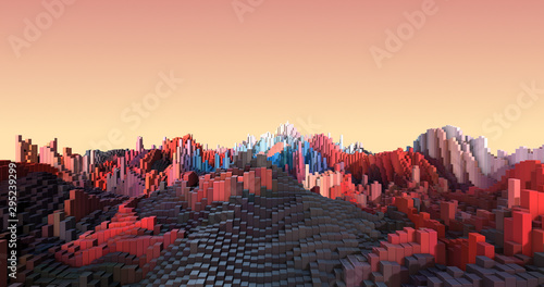Abstract Aerial View Of 3D Metropolitan City. Complex Cube Shapes Forming Modern City. Technology And Industry Related 3D Illustration Render