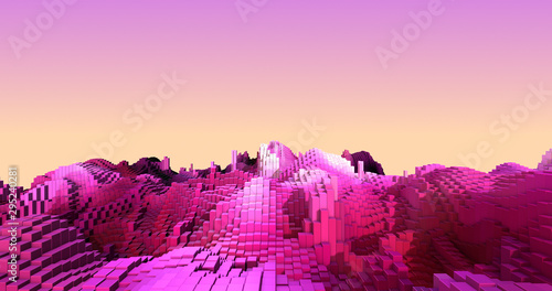 Abstract 3D City Background With Moving Cubes. Complex Cube Shapes Forming Modern City. Technology And Industry Related 4K 3D Illustration Render