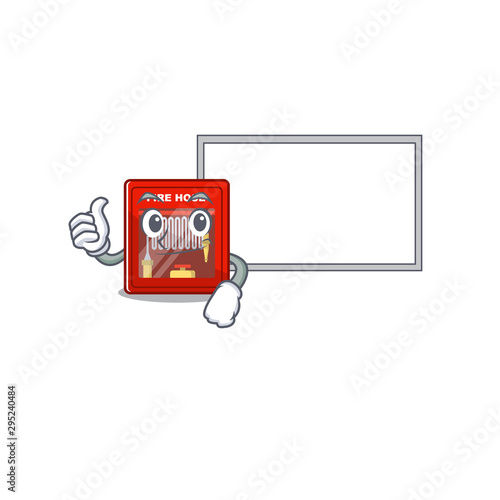 Thumbs up with board fire hose cabinet on the mascot