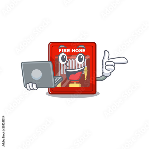 With laptop fire hose cabinet on the mascot