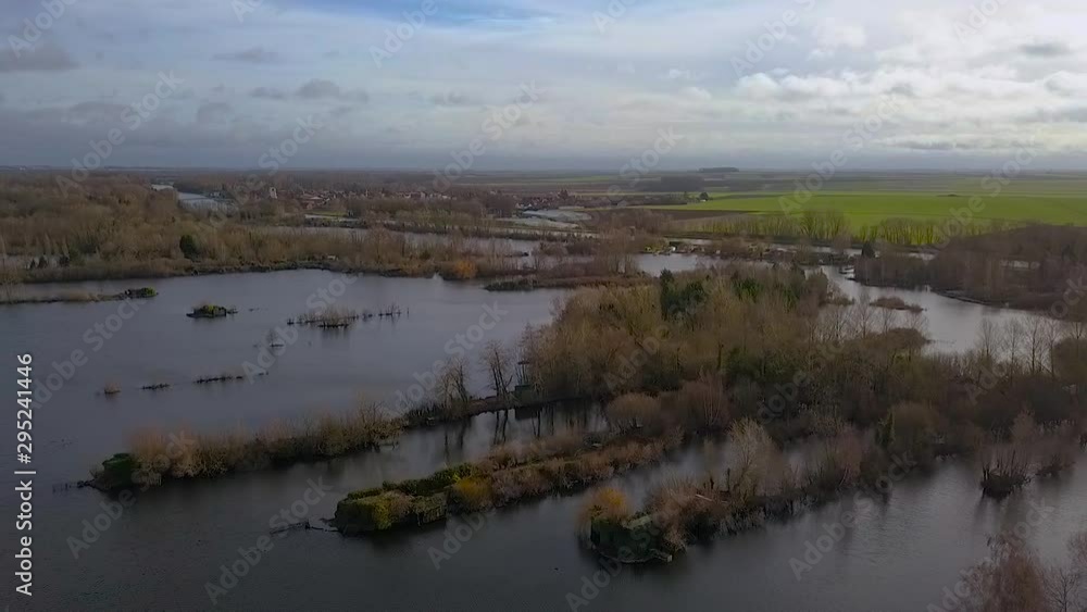Aerial of Old peat bogs of Féchain, Hauts-de-France, France Aerial of Old peat bogs of Féchain, Hauts-de-France, France