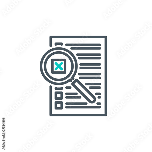 check box list page with magnifier glass outline flat icon. Single quality outline logo search symbol for web design mobile app. Thin line design logo sign Loupe lens icon isolated on white background