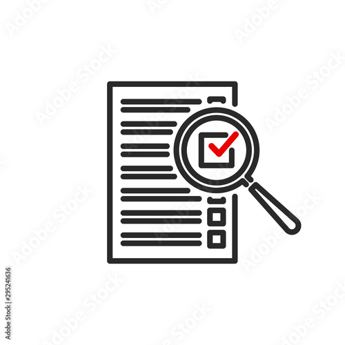 check box list page with magnifier glass outline flat icon. Single quality outline logo search symbol for web design mobile app. Thin line design logo sign Loupe lens icon isolated on white background