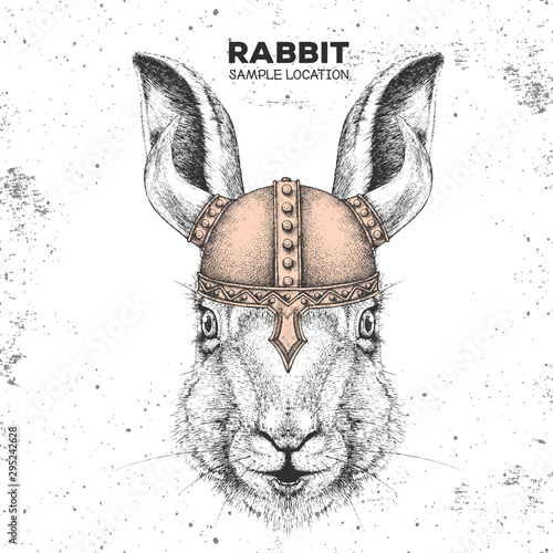 Hipster animal rabbit wearing a viking helmet. Hand drawing Muzzle of bunny