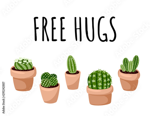 Free hugs banner. Set of hygge potted succulent plants postcard. Cozy lagom scandinavian style collection of plants
