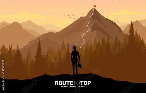 Businessman and Route to the top of mountain: Concept of Goal, Mission, Vision, Career path, Vector concept Polygon dot connect line style