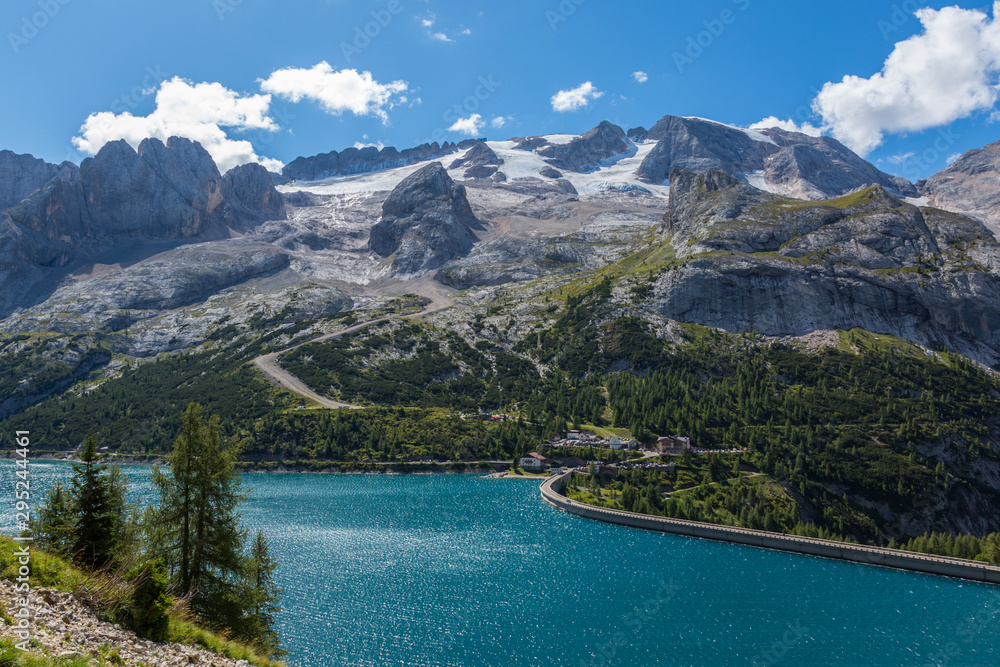 lake Fedaia and Marmolada mountain in italian dolomites