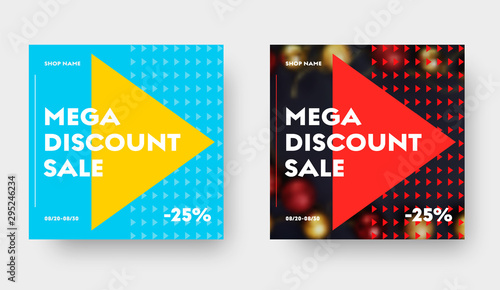 Layout of square banner for social media with triangular elements, place for photo and mega big sale.