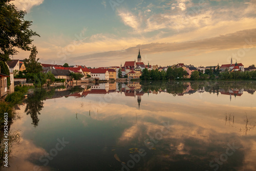 Sunset at the city of "Jindrichuv Hradec" which means Henry's Castle in the region South Bohemian, at the "Hammersky Potoc" )Hammer brook) lake. CZ
