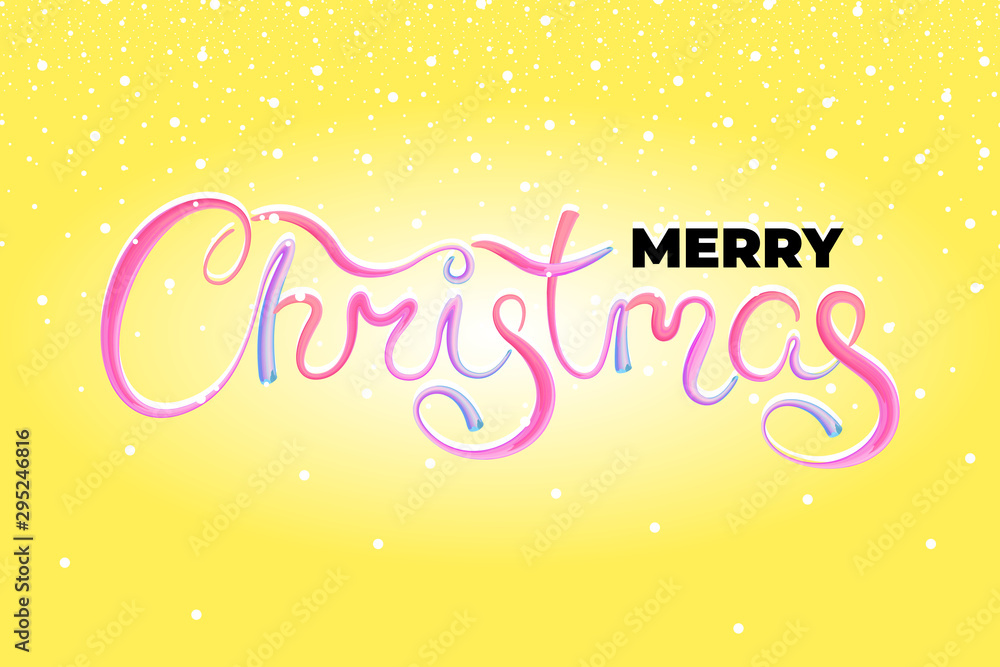 Merry Christmas acrylic paint brush hand drawn calligraphy lettering greeting card. Happy New Year holiday gift poster. Xmas calligraphy font style yellow background banner. Vector illustration