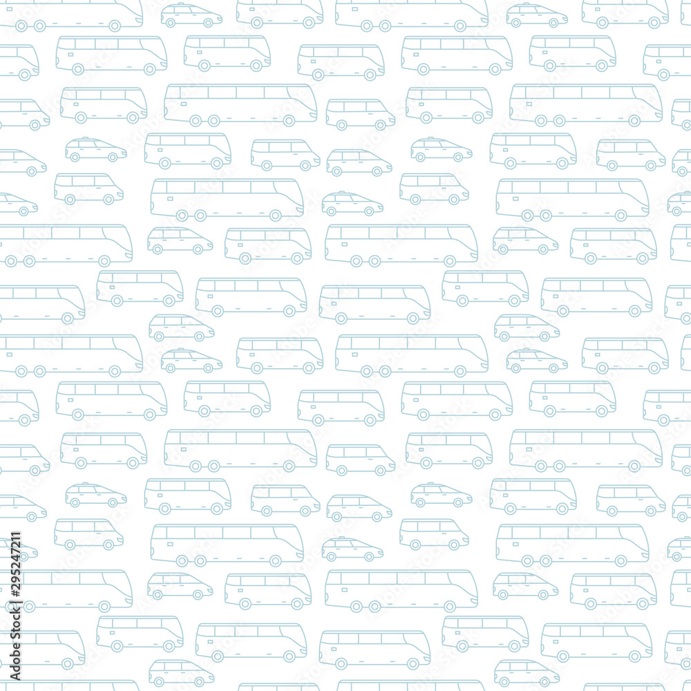 Transportation bus seamless pattern background. Passengers cars and buses. Outline contour light coloured line.