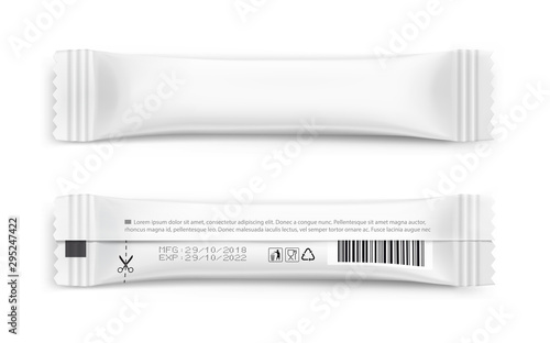 Realistic stick pack for products of the food and cosmetic industry on white background. Vector illustration. Possibility use for granulated, powder products. Coffee, 3 in 1, sugar. EPS10.