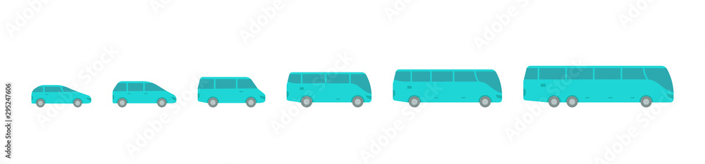 The size of the bus transfer variation. Transportation of people. Choose yours transport. Quantity passengers cars. Blue vector icons set.