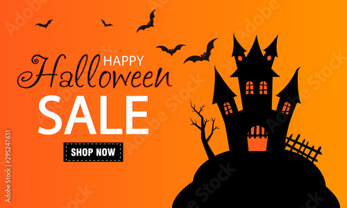 Halloween sale banner. Scary house and bats
