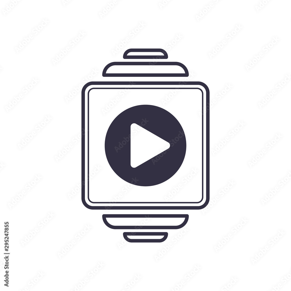 Outline icon smart watch with play video symbol. Electronic media screen modern hand gadget device. Vector multimedia symbol Outline icon smart watch with play video symbol. Electronic media screen modern hand gadget device. Vector multimedia symbol