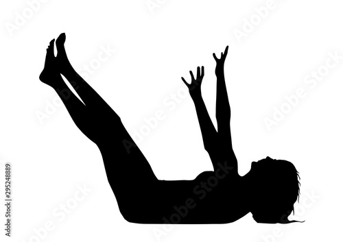 Silhouette of a lonely woman who lies on the floor with arms and legs raised up  and asks for help, defends herself and prays, pulls her hands up