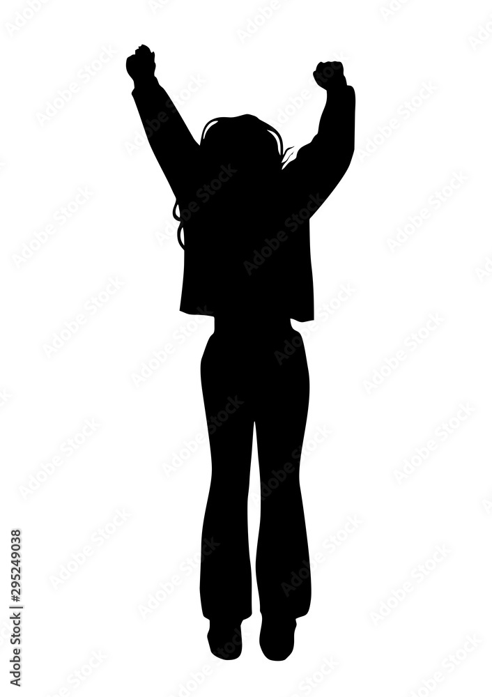 Little girl teenager in warm clothes joyfully and happily jumps up with raised hands. Little girl teenager in warm clothes joyfully and happily jumps up with raised hands.