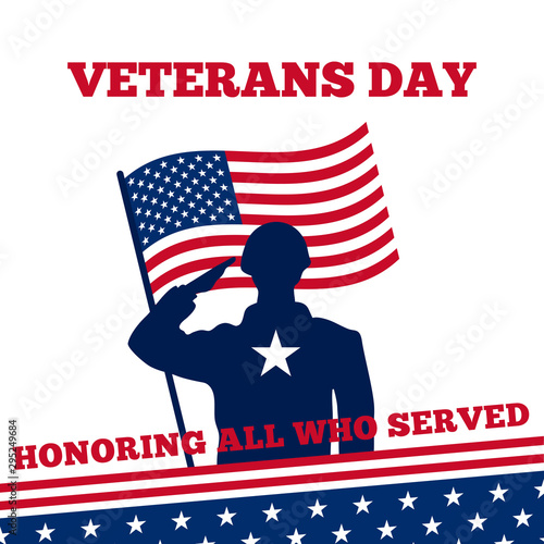 Soldier military salutation silhouette vector illustration with usa flag behind for happy veterans day poster background design